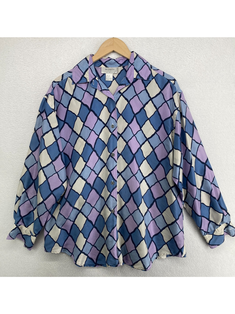 WORDS PARIS SPORT CLUB Top Women M Silk Diamond Print Shirt Button Up Purple VTG